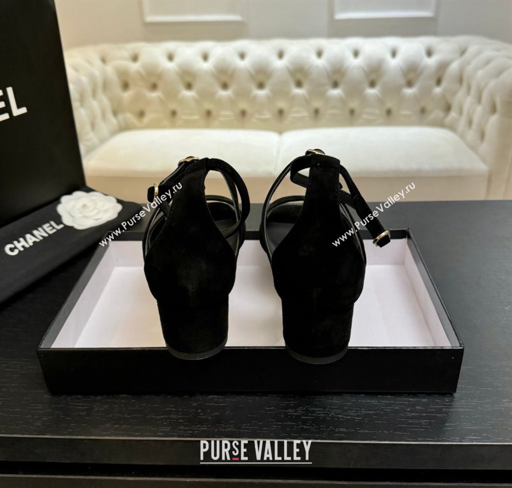 Chanel Suede Low Heel Sandals with Strass Buckles Black 2025 G46657 (MD-250902019)