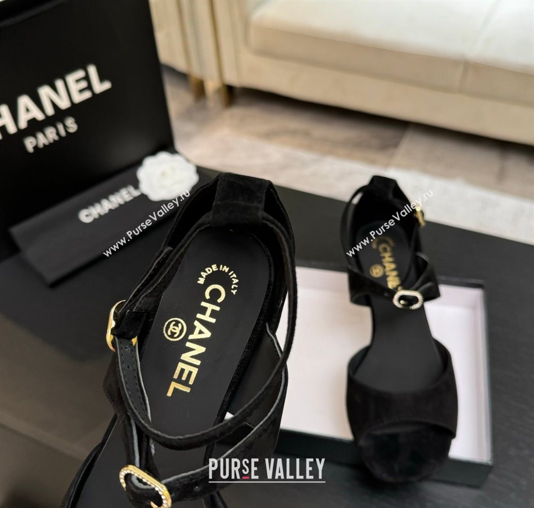 Chanel Suede Low Heel Sandals with Strass Buckles Black 2025 G46657 (MD-250902019)
