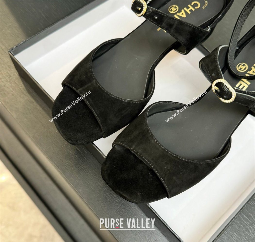Chanel Suede Low Heel Sandals with Strass Buckles Black 2025 G46657 (MD-250902019)