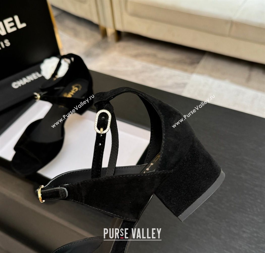 Chanel Suede Low Heel Sandals with Strass Buckles Black 2025 G46657 (MD-250902019)
