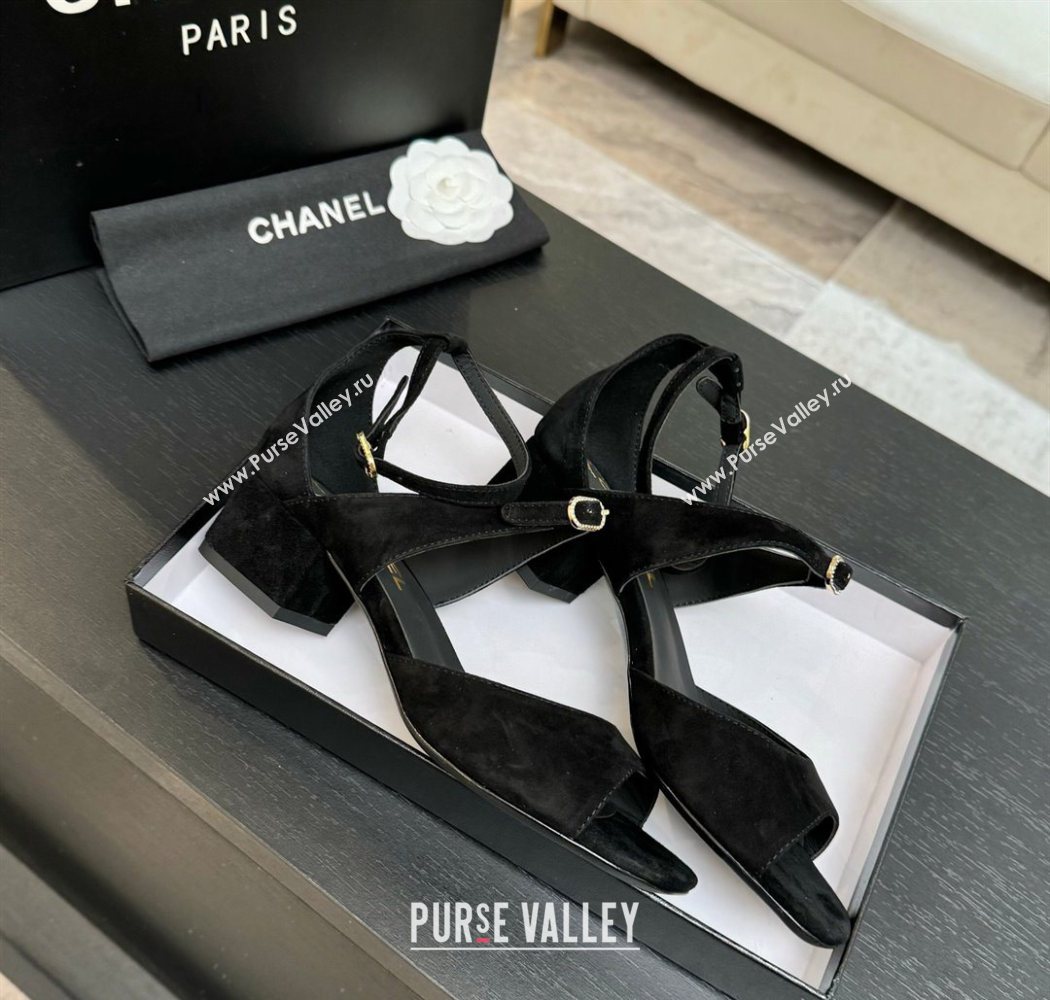 Chanel Suede Low Heel Sandals with Strass Buckles Black 2025 G46657 (MD-250902019)