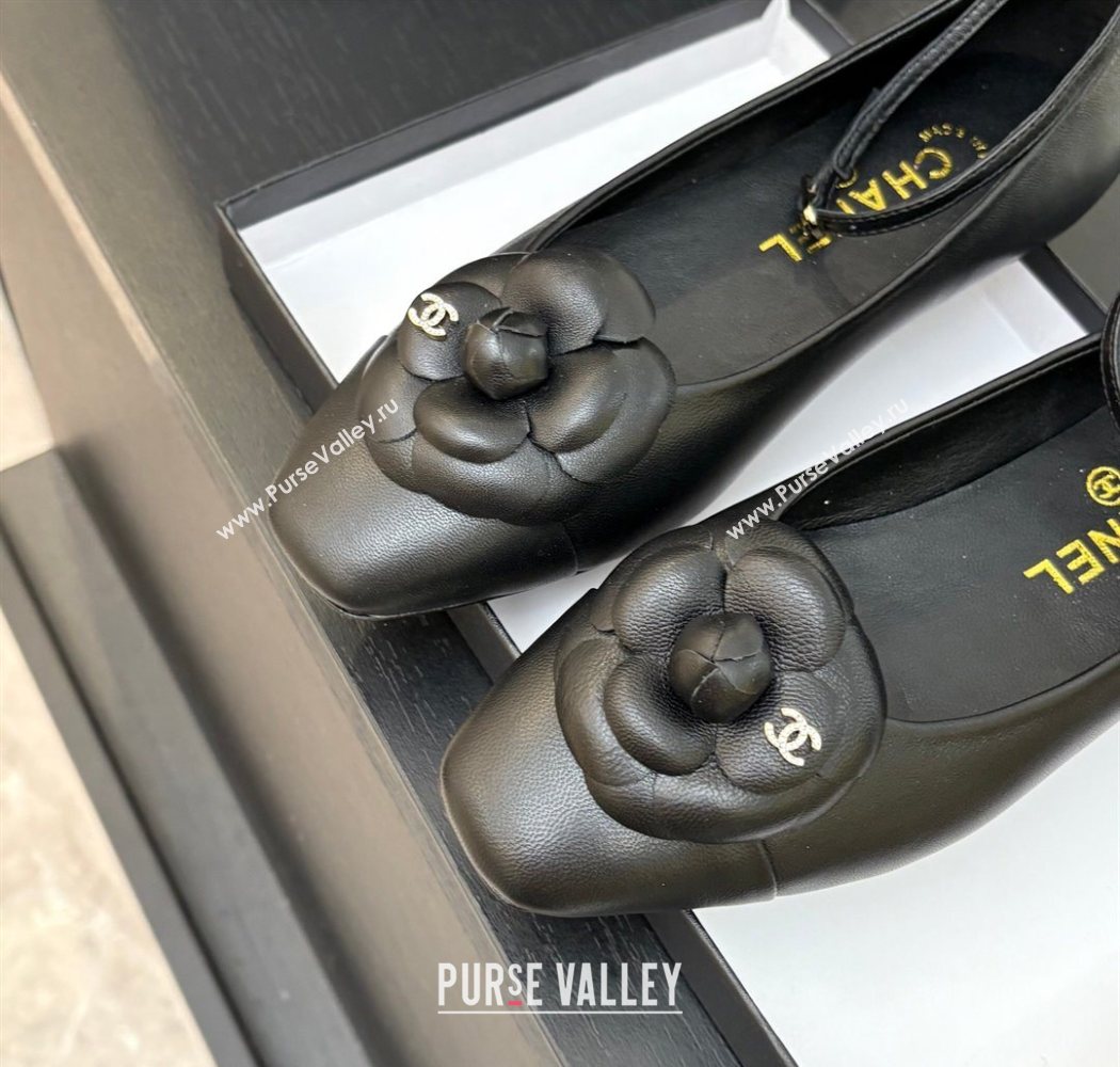 Chanel Lambskin Ballet flats with Ankle Strap and Camellia Black 2025 G46520 (MD-250901184)