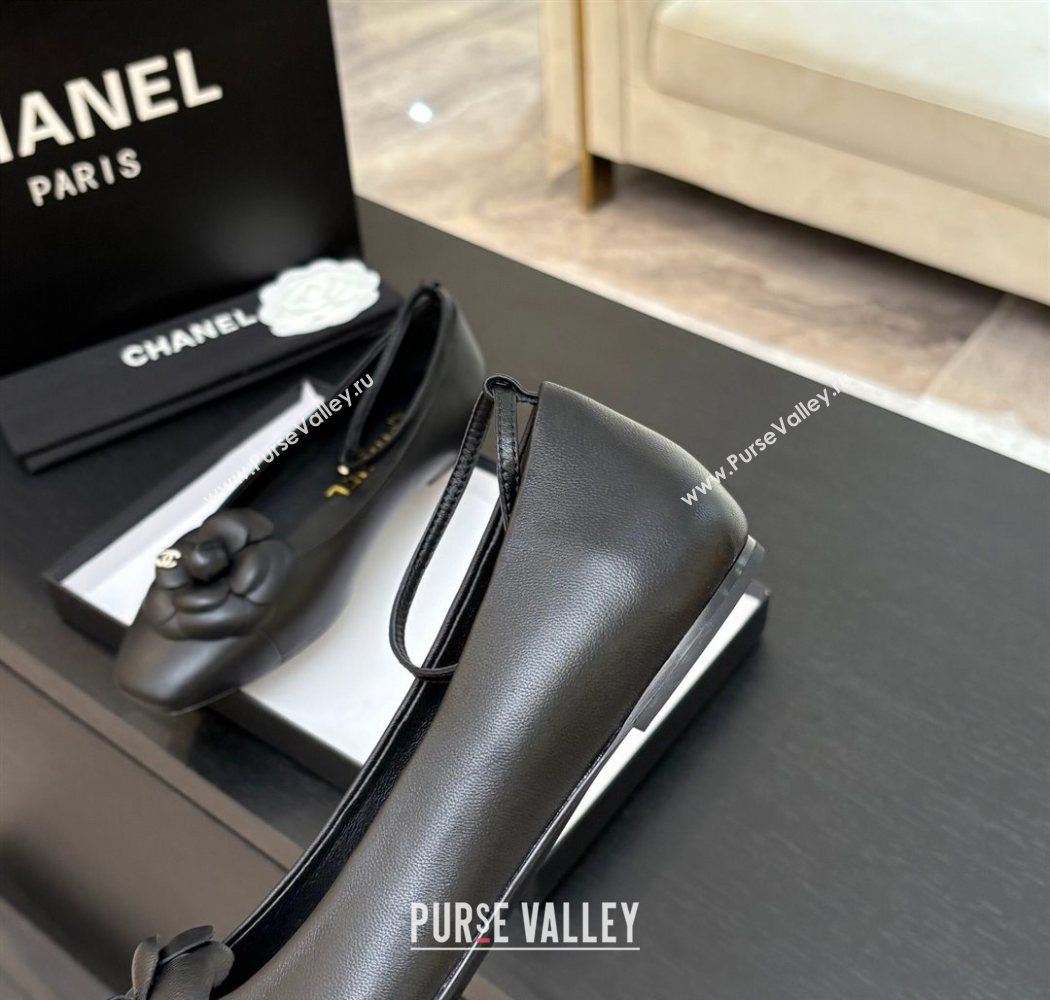 Chanel Lambskin Ballet flats with Ankle Strap and Camellia Black 2025 G46520 (MD-250901184)