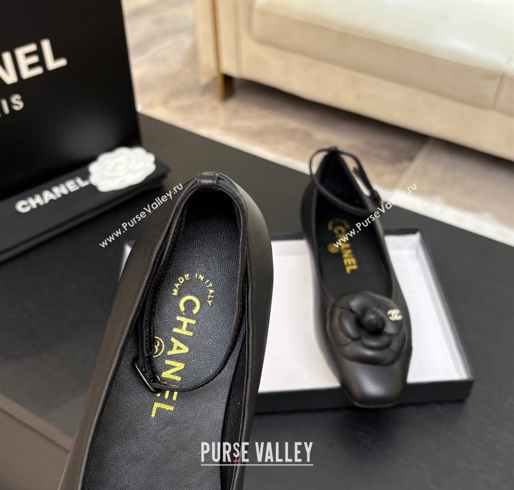 Chanel Lambskin Ballet flats with Ankle Strap and Camellia Black 2025 G46520 (MD-250901184)