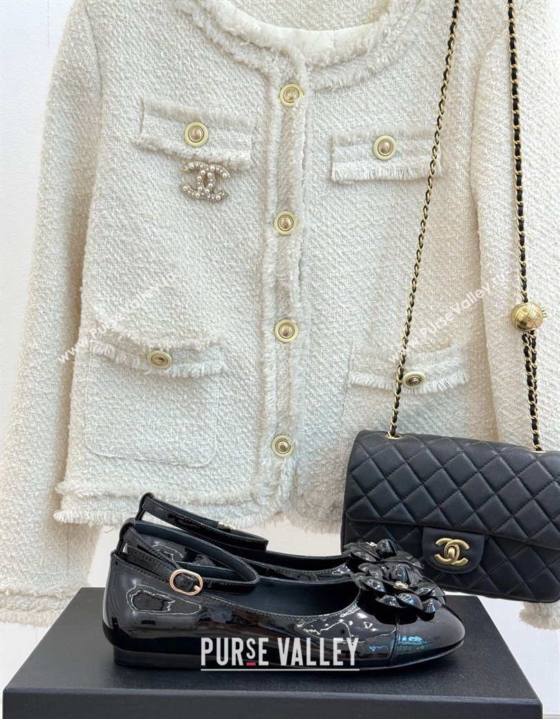 Chanel Patent Calfskin Ballet flats with Ankle Strap and Camellia Black 2025 G46520 (MD-250901185)