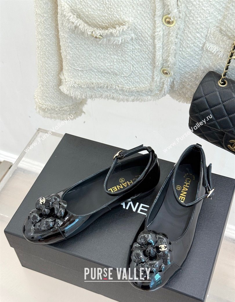 Chanel Patent Calfskin Ballet flats with Ankle Strap and Camellia Black 2025 G46520 (MD-250901185)