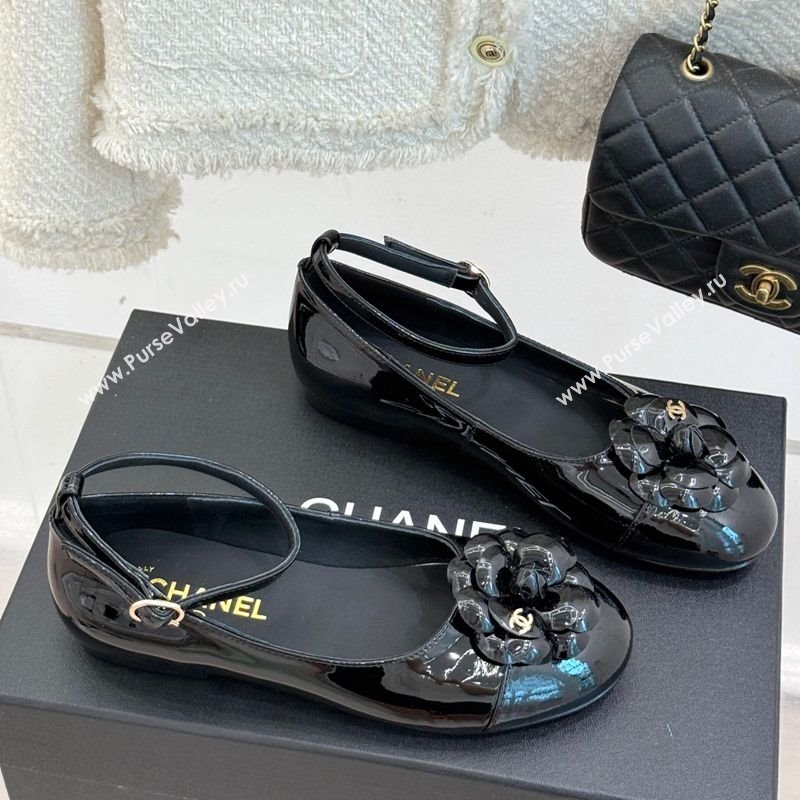 Chanel Patent Calfskin Ballet flats with Ankle Strap and Camellia Black 2025 G46520 (MD-250901185)