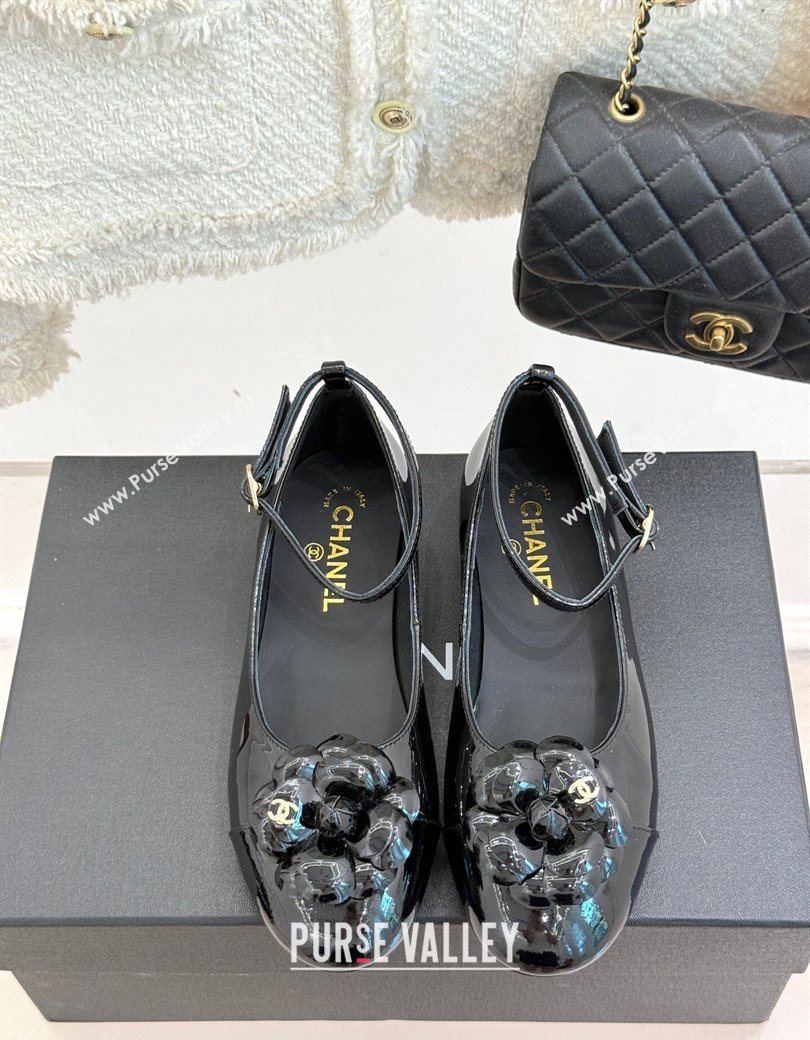Chanel Patent Calfskin Ballet flats with Ankle Strap and Camellia Black 2025 G46520 (MD-250901185)