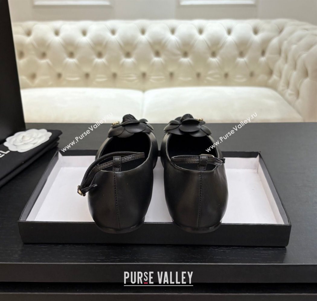 Chanel Lambskin Ballet flats with Ankle Strap and Camellia Black 2025 G46520 (MD-250901184)