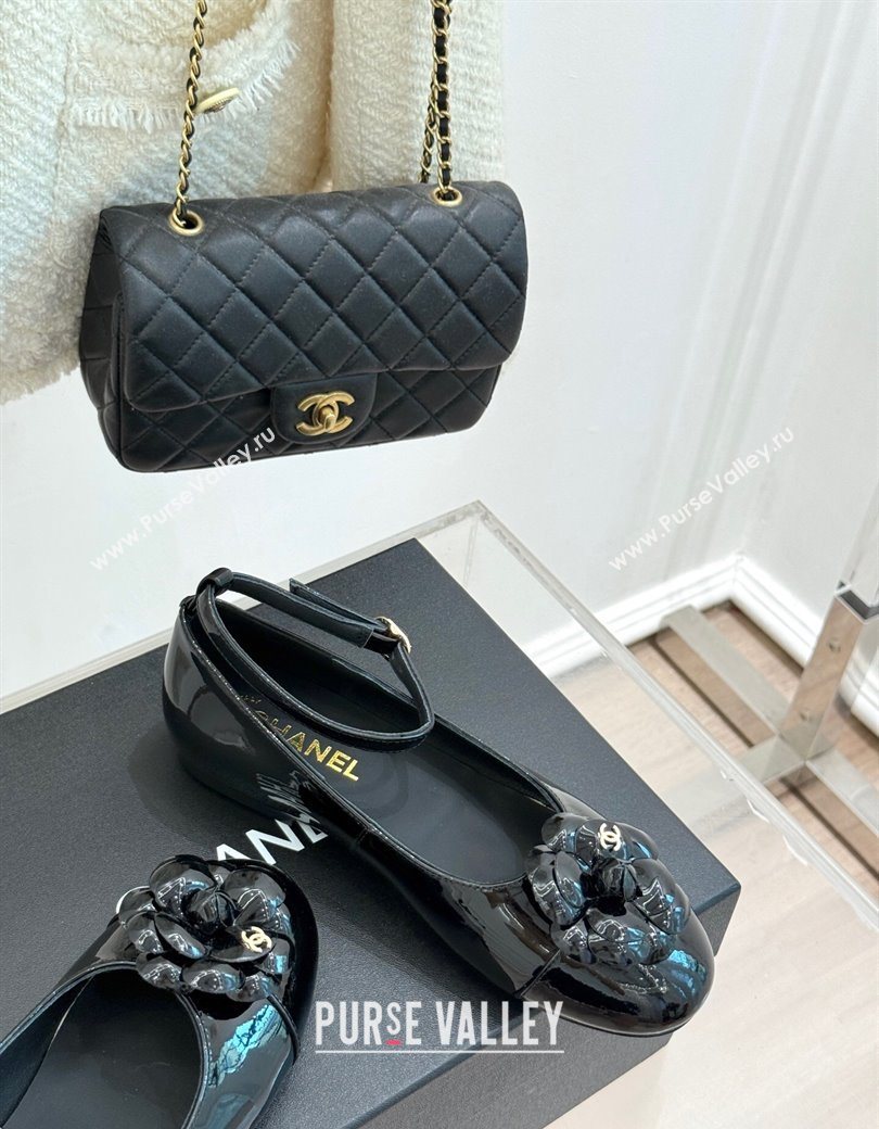 Chanel Patent Calfskin Ballet flats with Ankle Strap and Camellia Black 2025 G46520 (MD-250901185)