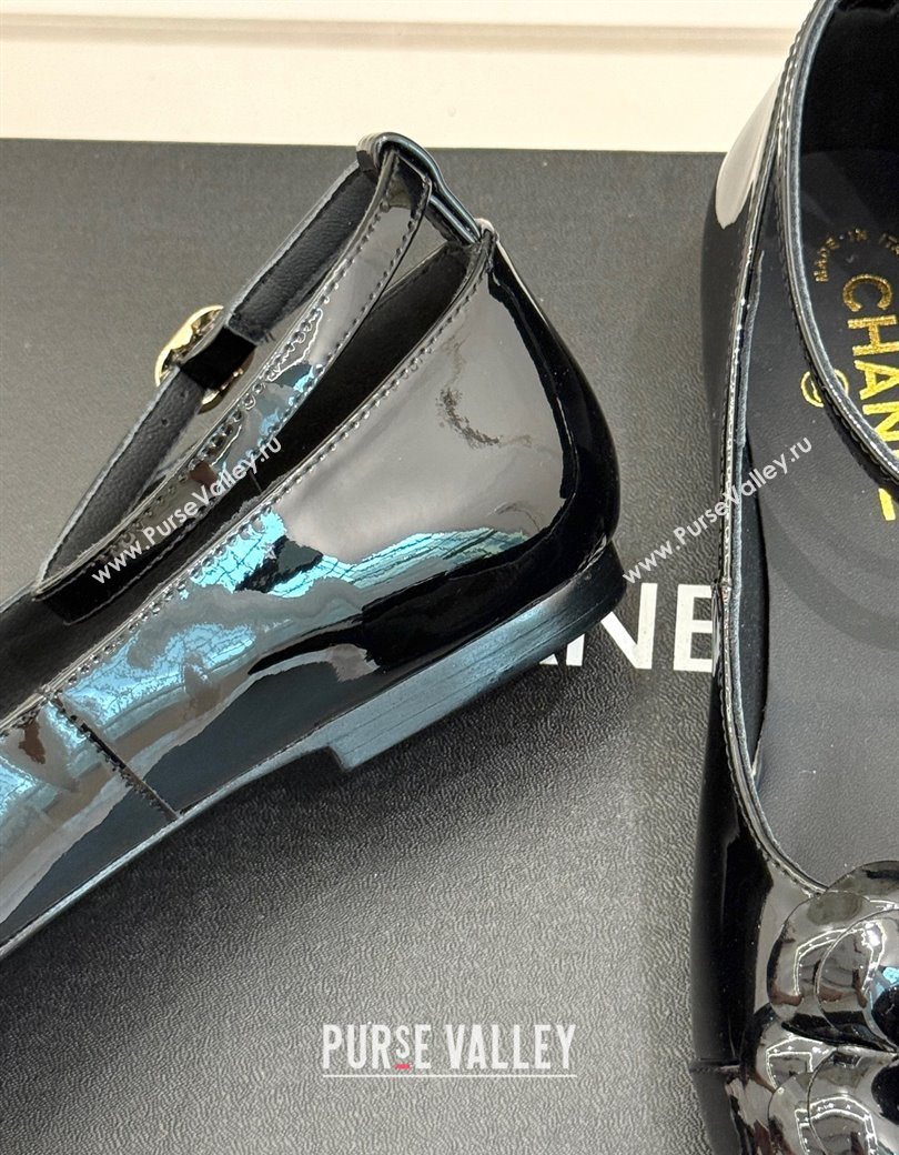 Chanel Patent Calfskin Ballet flats with Ankle Strap and Camellia Black 2025 G46520 (MD-250901185)