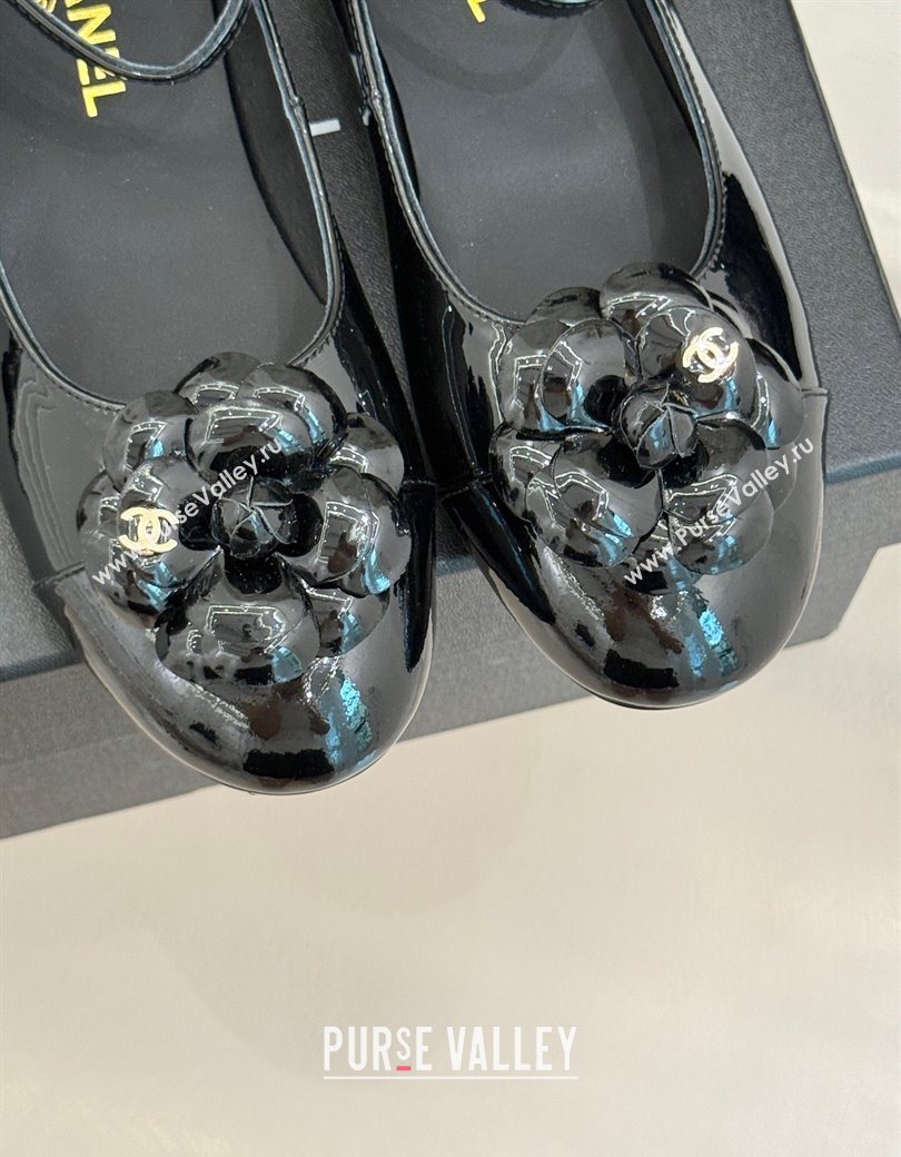 Chanel Patent Calfskin Ballet flats with Ankle Strap and Camellia Black 2025 G46520 (MD-250901185)