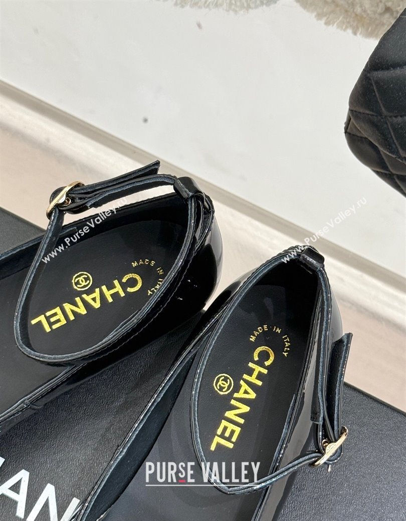 Chanel Patent Calfskin Ballet flats with Ankle Strap and Camellia Black 2025 G46520 (MD-250901185)