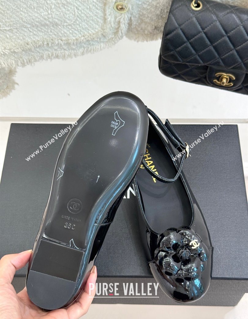 Chanel Patent Calfskin Ballet flats with Ankle Strap and Camellia Black 2025 G46520 (MD-250901185)