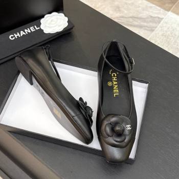 Chanel Lambskin Ballet flats with Ankle Strap and Camellia Black 2025 G46520 (MD-250901184)