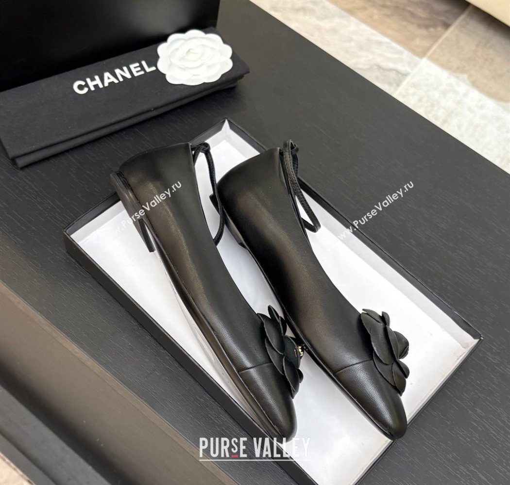 Chanel Lambskin Ballet flats with Ankle Strap and Camellia Black 2025 G46520 (MD-250901184)