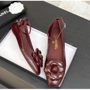 Chanel Shiny Calfskin Ballet flats with Ankle Strap with Camellia Burgundy 2025 G46520 (MD-250901180)
