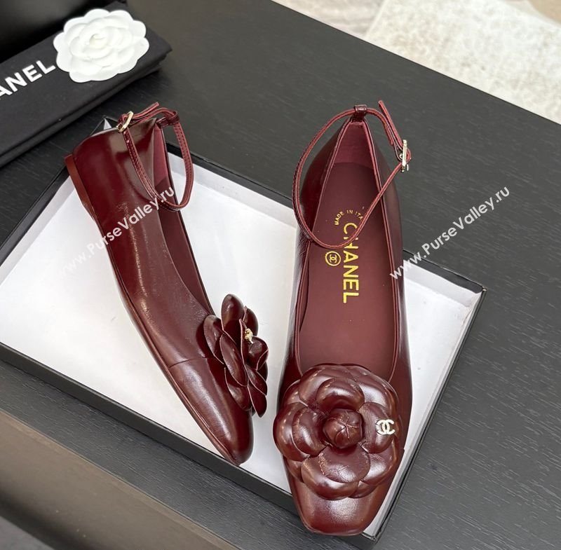 Chanel Shiny Calfskin Ballet flats with Ankle Strap with Camellia Burgundy 2025 G46520 (MD-250901180)