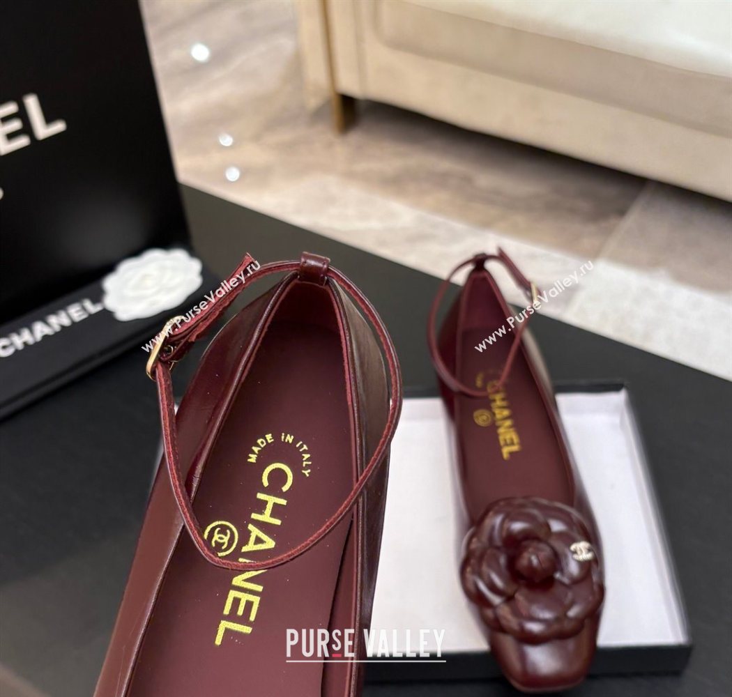Chanel Shiny Calfskin Ballet flats with Ankle Strap with Camellia Burgundy 2025 G46520 (MD-250901180)