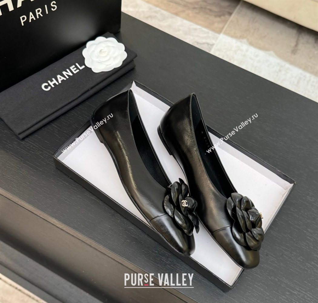 Chanel Shiny Calfskin Ballet flats with Camellia Bloom Black 2025 G46520 (MD-250901189)