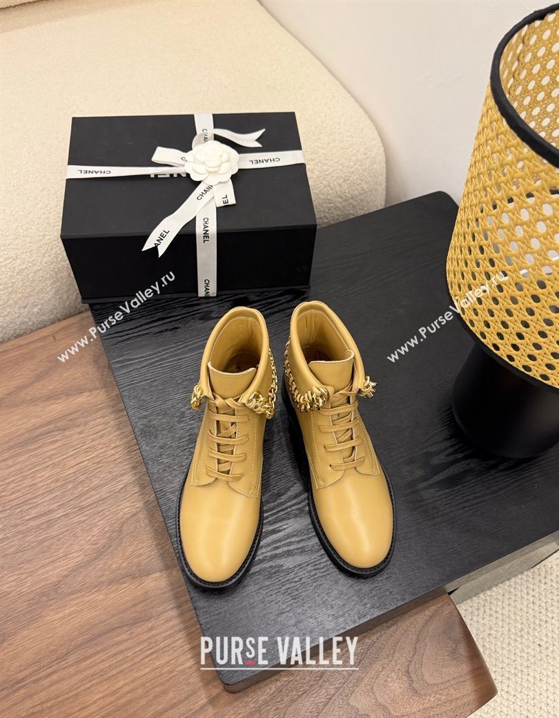 Chanel Calfskin Leather Flat Laced-up Ankle Boots with Chain Yellow 2025 CH083002 (MD-250830011)