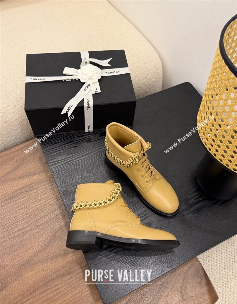 Chanel Calfskin Leather Flat Laced-up Ankle Boots with Chain Yellow 2025 CH083002 (MD-250830011)