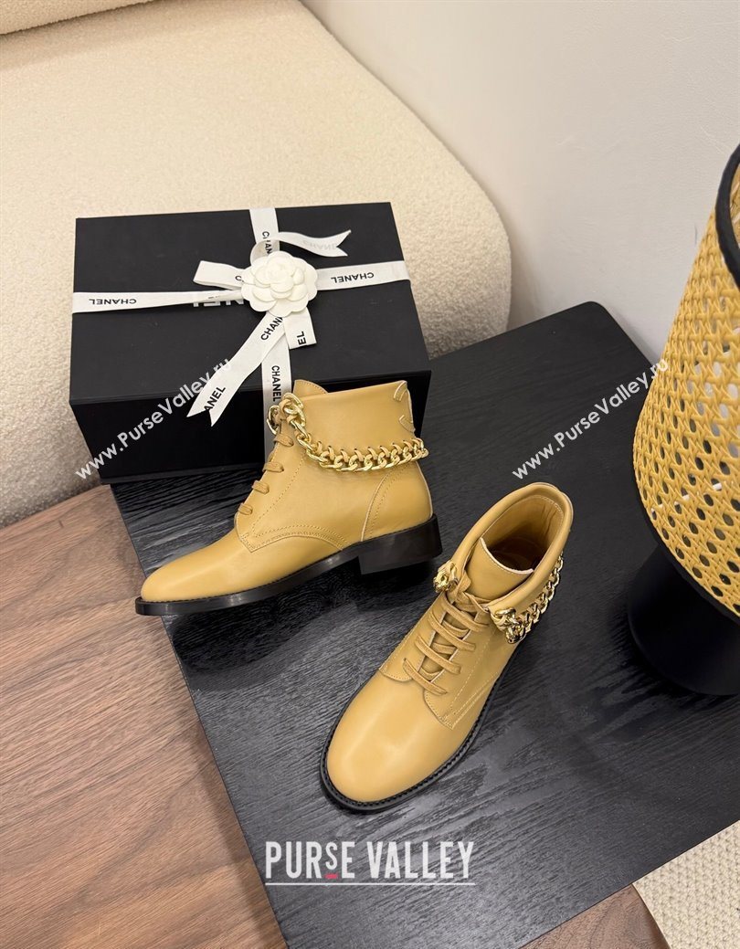Chanel Calfskin Leather Flat Laced-up Ankle Boots with Chain Yellow 2025 CH083002 (MD-250830011)