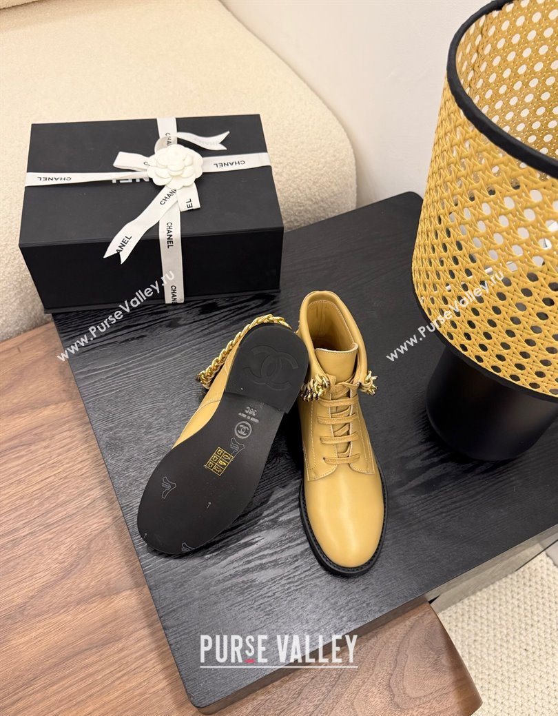 Chanel Calfskin Leather Flat Laced-up Ankle Boots with Chain Yellow 2025 CH083002 (MD-250830011)