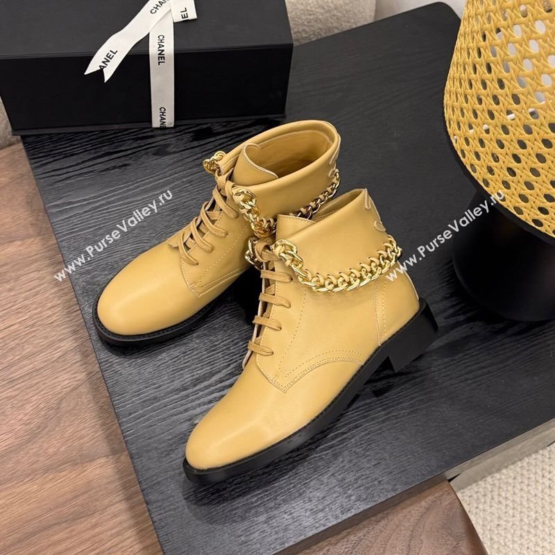 Chanel Calfskin Leather Flat Laced-up Ankle Boots with Chain Yellow 2025 CH083002 (MD-250830011)