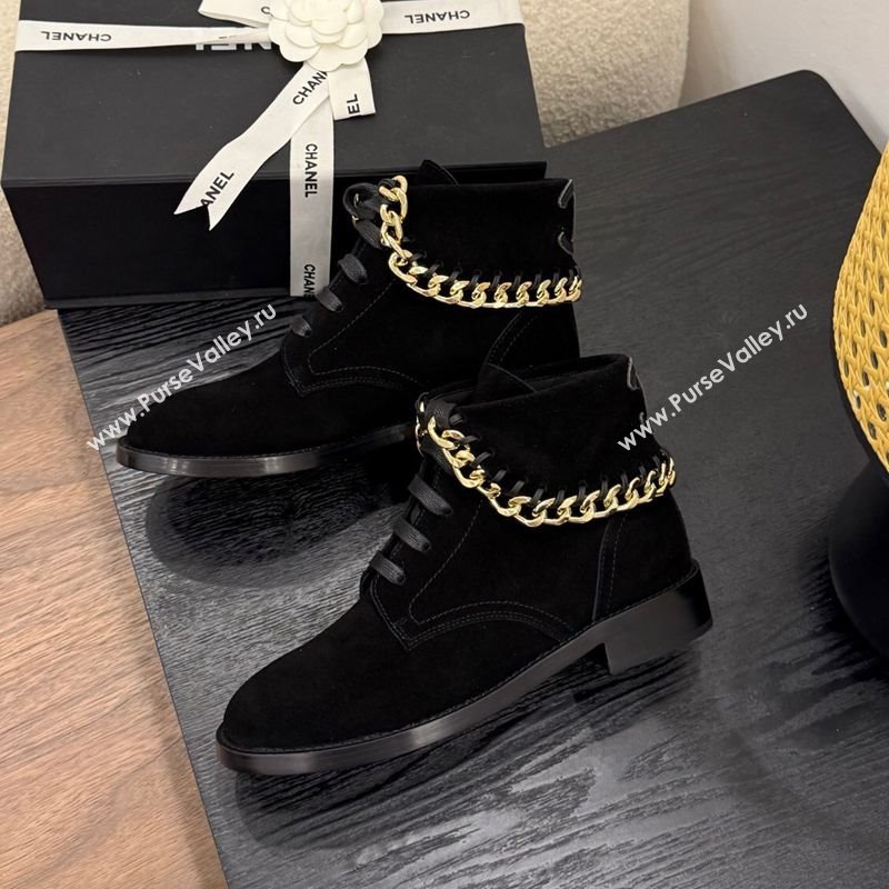 Chanel Suede Flat Laced-up Ankle Boots with Chain Black 2025 CH083002 (MD-250830012)