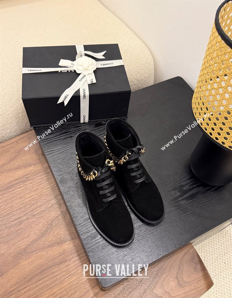 Chanel Suede Flat Laced-up Ankle Boots with Chain Black 2025 CH083002 (MD-250830012)