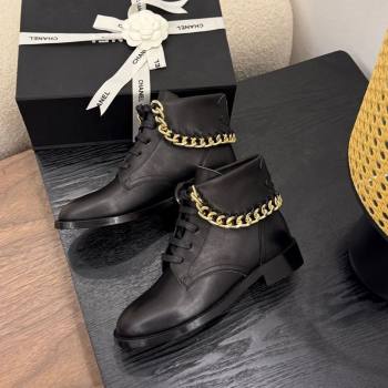 Chanel Calfskin Leather Flat Laced-up Ankle Boots with Chain Black 2025 CH083002 (MD-250830013)