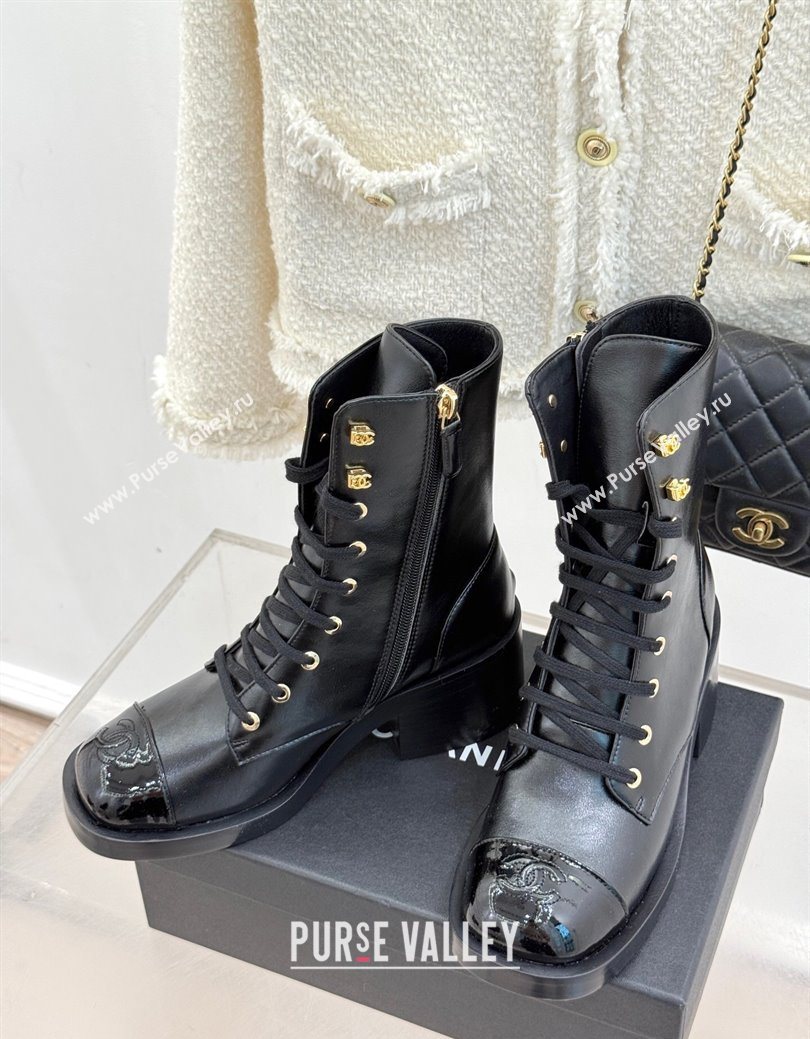 Chanel Patent Calfskin Leather Heel Laced-up Ankle Boots 5cm Black 2025 CH083003 (MD-250830015)