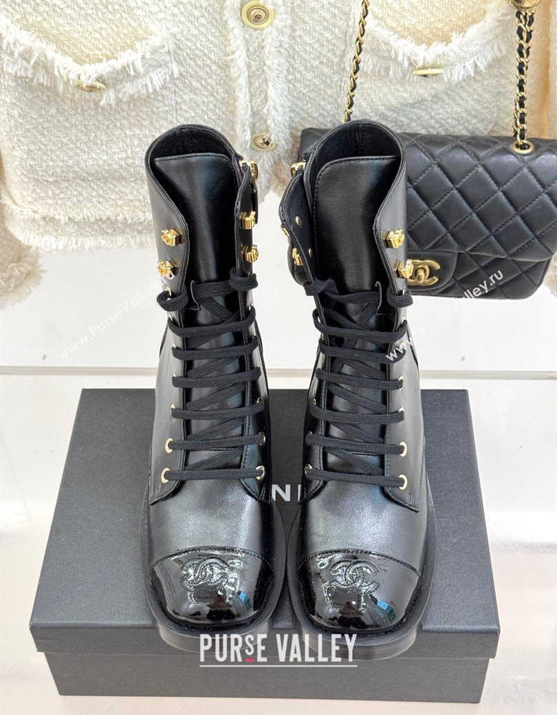 Chanel Patent Calfskin Leather Heel Laced-up Ankle Boots 5cm Black 2025 CH083003 (MD-250830015)