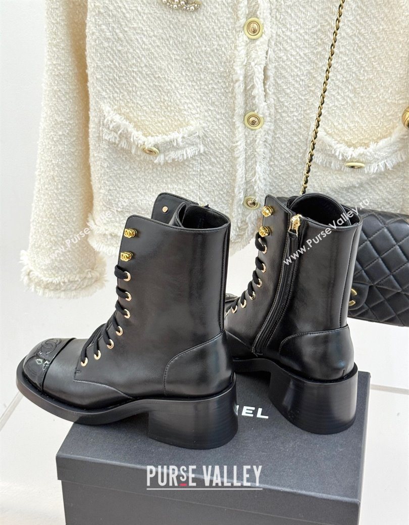 Chanel Patent Calfskin Leather Heel Laced-up Ankle Boots 5cm Black 2025 CH083003 (MD-250830015)