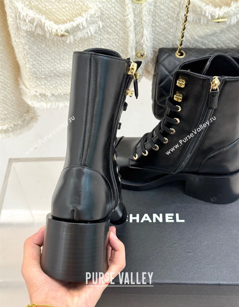 Chanel Patent Calfskin Leather Heel Laced-up Ankle Boots 5cm Black 2025 CH083003 (MD-250830015)