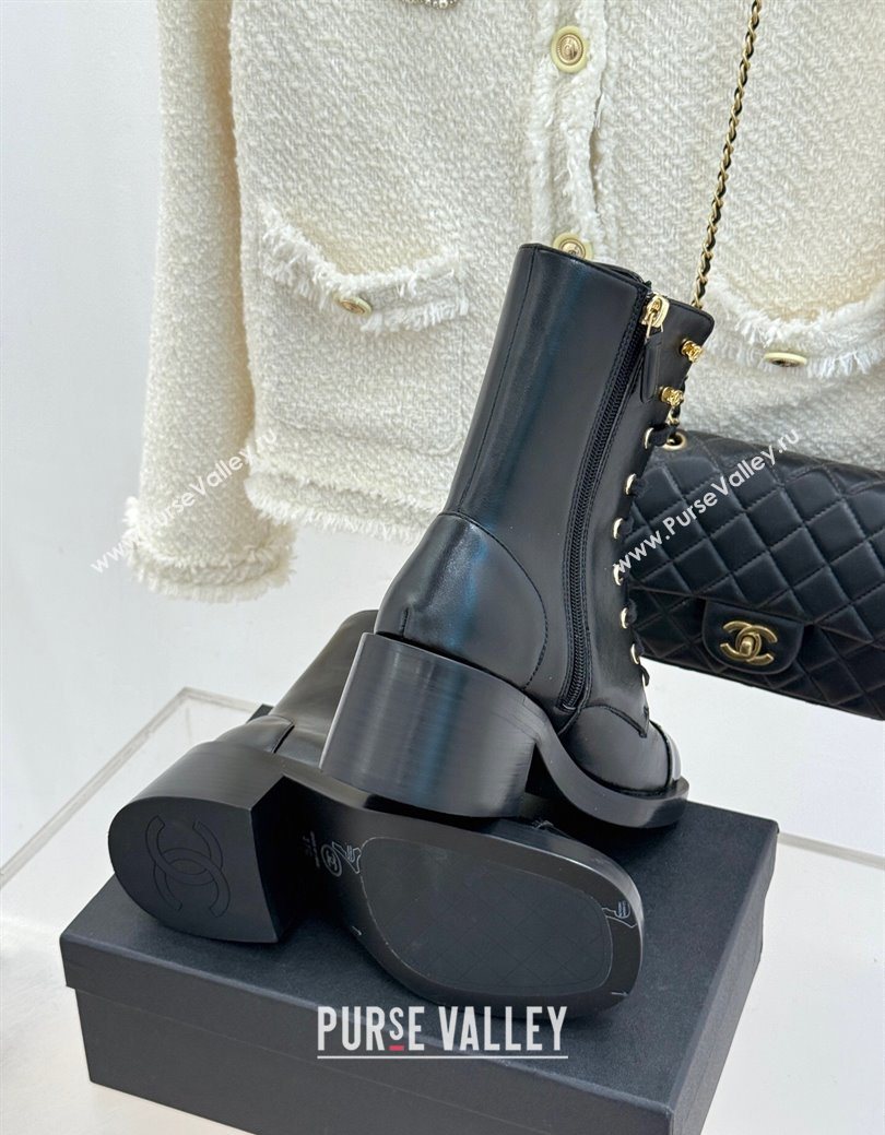 Chanel Patent Calfskin Leather Heel Laced-up Ankle Boots 5cm Black 2025 CH083003 (MD-250830015)