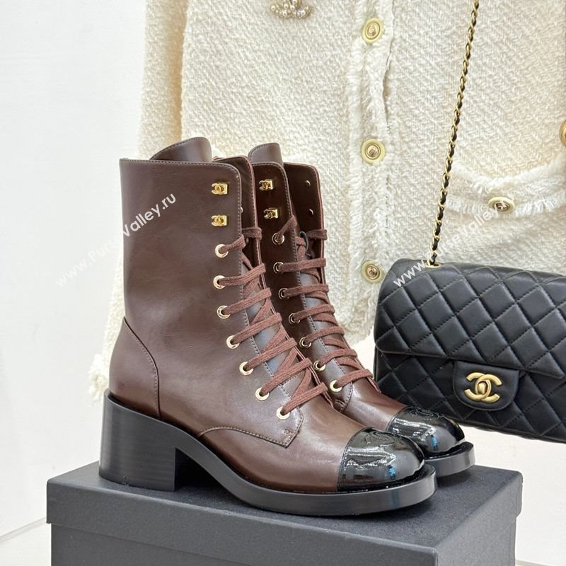 Chanel Patent Calfskin Leather Heel Laced-up Ankle Boots 5cm Brown 2025 CH083003 (MD-250830017)