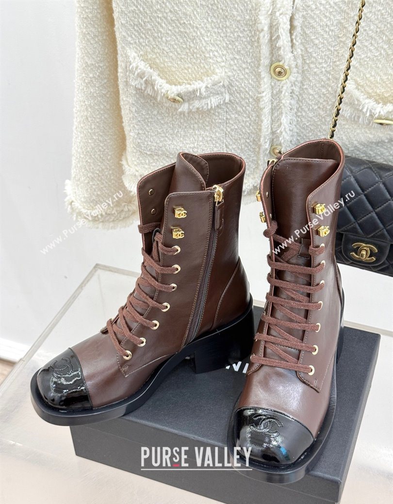 Chanel Patent Calfskin Leather Heel Laced-up Ankle Boots 5cm Brown 2025 CH083003 (MD-250830017)