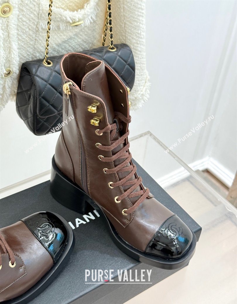 Chanel Patent Calfskin Leather Heel Laced-up Ankle Boots 5cm Brown 2025 CH083003 (MD-250830017)