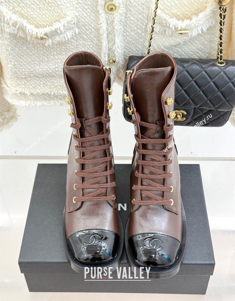 Chanel Patent Calfskin Leather Heel Laced-up Ankle Boots 5cm Brown 2025 CH083003 (MD-250830017)