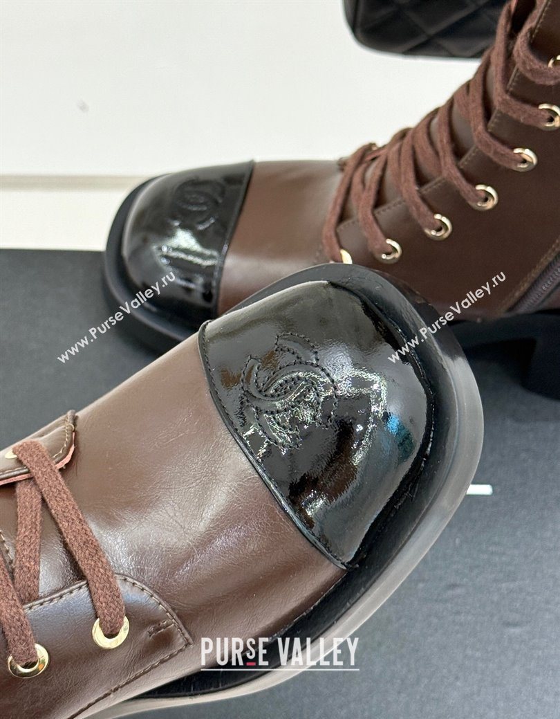 Chanel Patent Calfskin Leather Heel Laced-up Ankle Boots 5cm Brown 2025 CH083003 (MD-250830017)