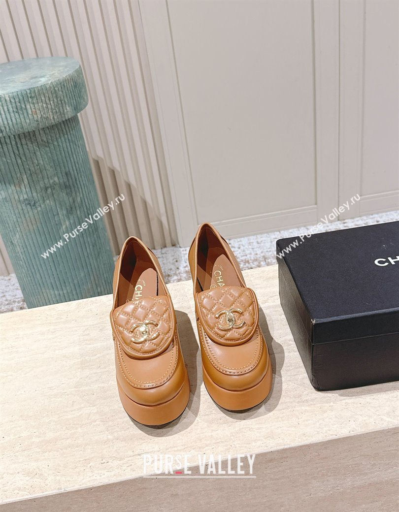Chanel Lambskin Platform Pumps 9cm with CC Foldover Brown 2025 G46692 (syt-250902028)