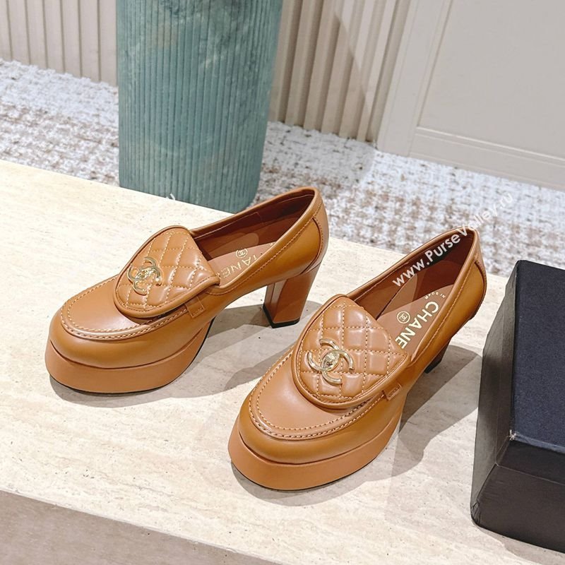 Chanel Lambskin Platform Pumps 9cm with CC Foldover Brown 2025 G46692 (syt-250902028)