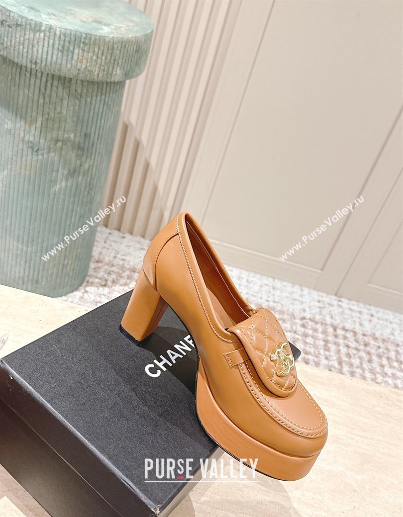 Chanel Lambskin Platform Pumps 9cm with CC Foldover Brown 2025 G46692 (syt-250902028)