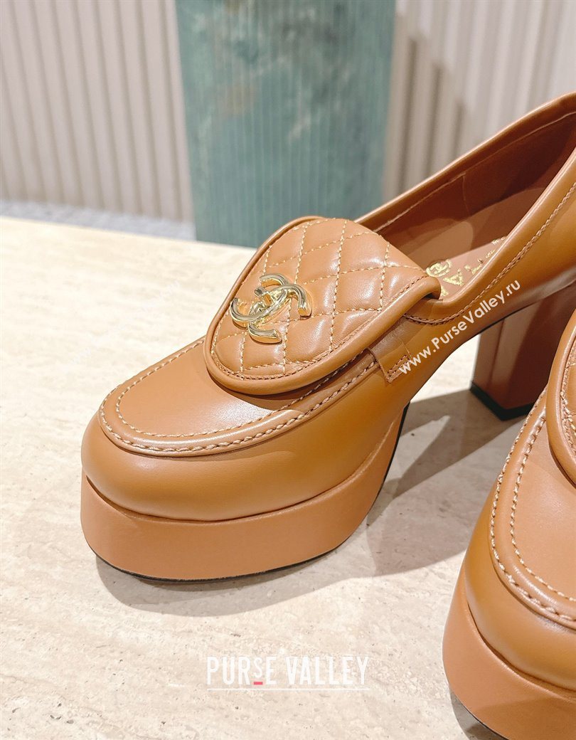Chanel Lambskin Platform Pumps 9cm with CC Foldover Brown 2025 G46692 (syt-250902028)