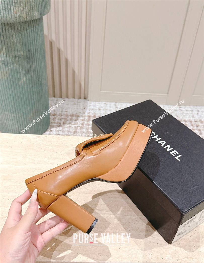 Chanel Lambskin Platform Pumps 9cm with CC Foldover Brown 2025 G46692 (syt-250902028)