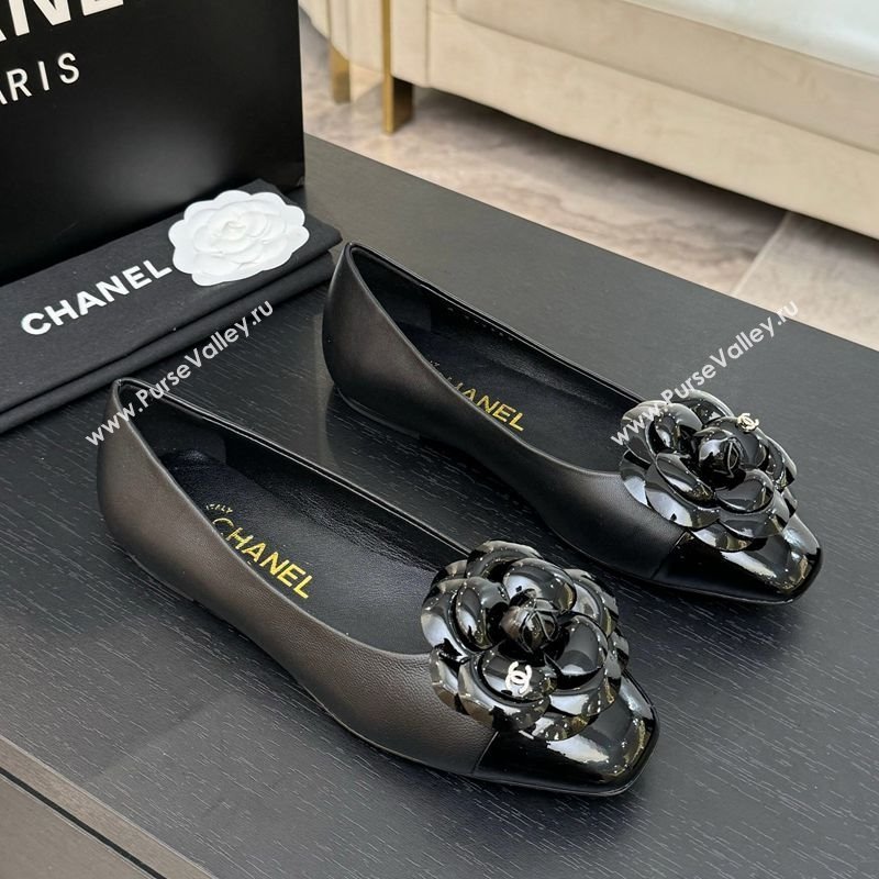 Chanel Lambskin Patent Calfskin Ballet flats with Camellia Bloom Black 2025 G46520 (MD-250901193)