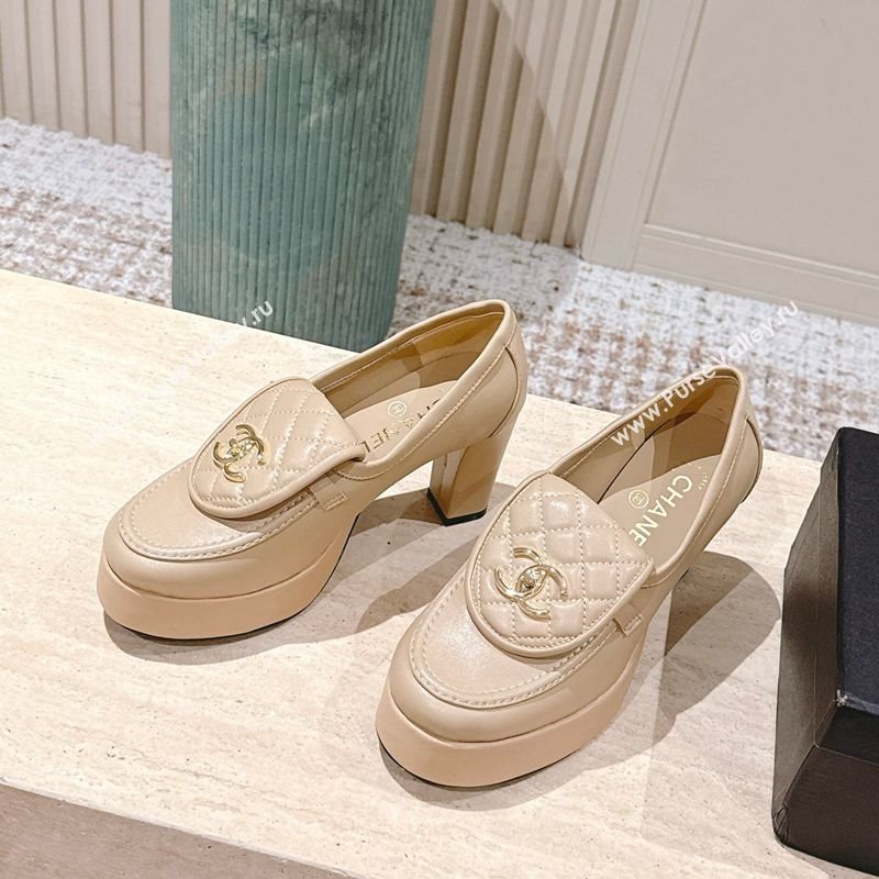 Chanel Lambskin Platform Pumps 9cm with CC Foldover Beige 2025 G46692 (syt-250902030)