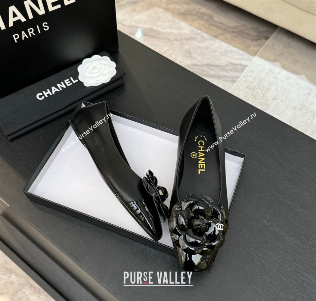 Chanel Lambskin Patent Calfskin Ballet flats with Camellia Bloom Black 2025 G46520 (MD-250901193)